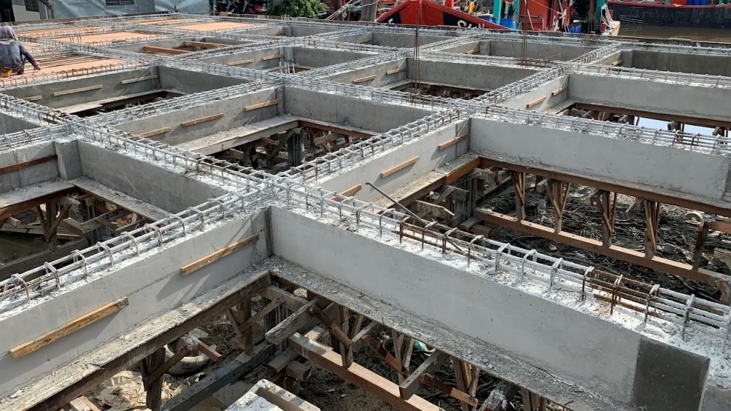 Aerial view of a foundation beam reinforcement grid