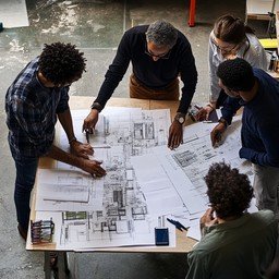 Team reviewing structural drawings on site