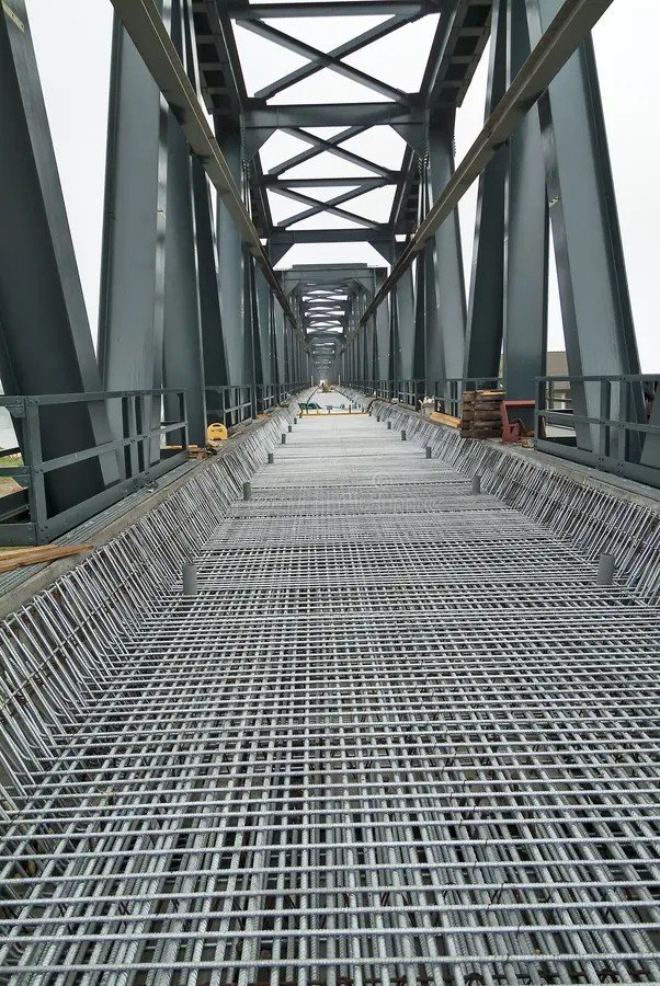 Steel truss bridge walkway under construction