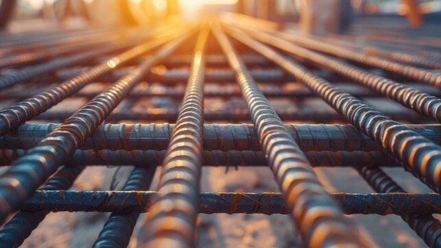 Rows of reinforcement bars at sunset